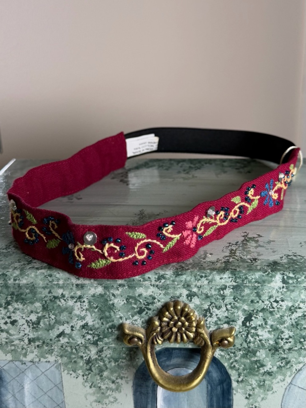 NWOT Embroidered & Beaded Floral Burgundy Headband - Cotton